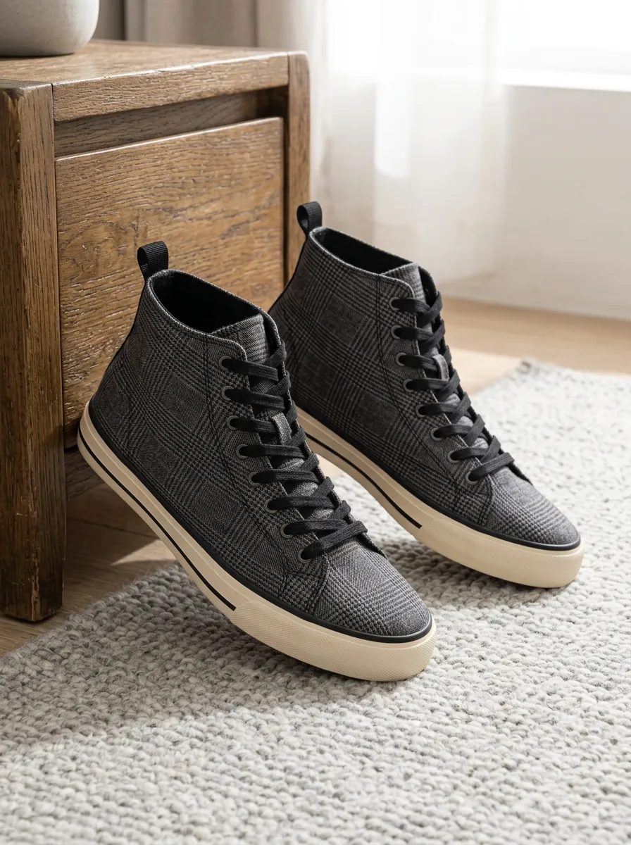 Men's Glen Plaid Pattern Printed High Top Canvas Shoes