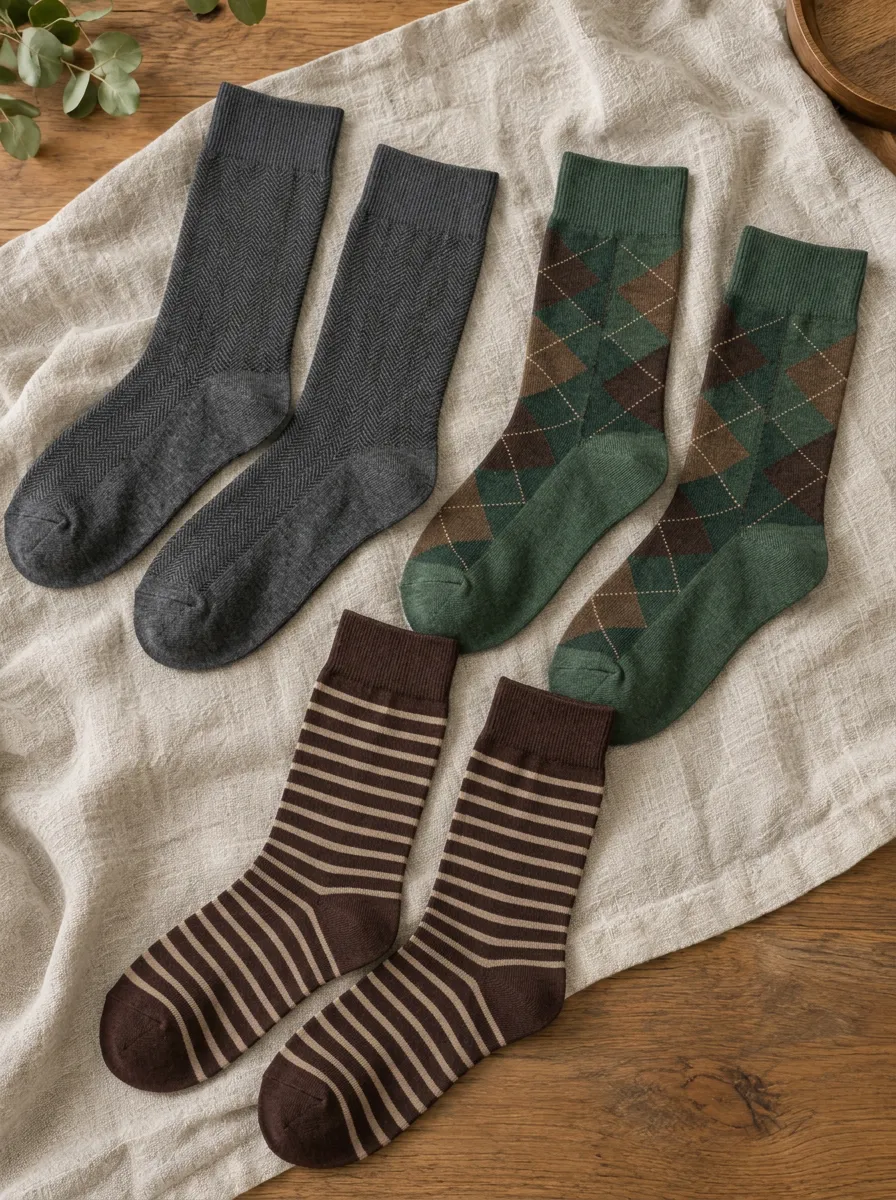 Men's Vintage Patterned Herringbone Argyle Striped Printed Socks 3-Pair Set