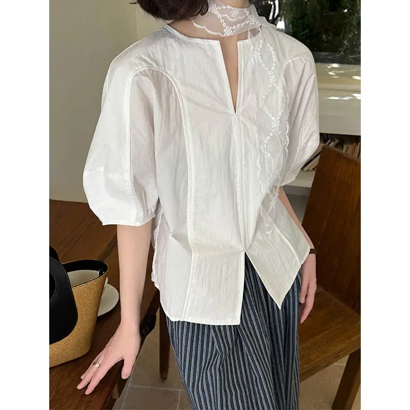 Polished V Neck Lace Bow Loose Shirt