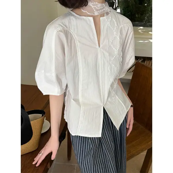 Polished V Neck Lace Bow Loose Shirt