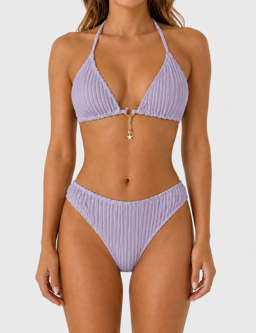 Vertical Texture Halter Neck Triangle Bikini Set