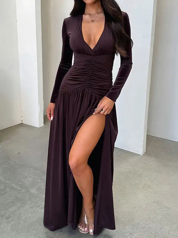 Side Pleated Neck Maxi Dress