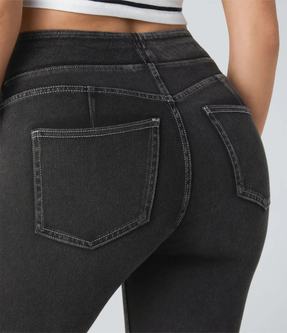 Magic Curvy High Waisted Decorative Button Multiple Pockets Stretchy Knit Denim Casual 7/8 Leggings