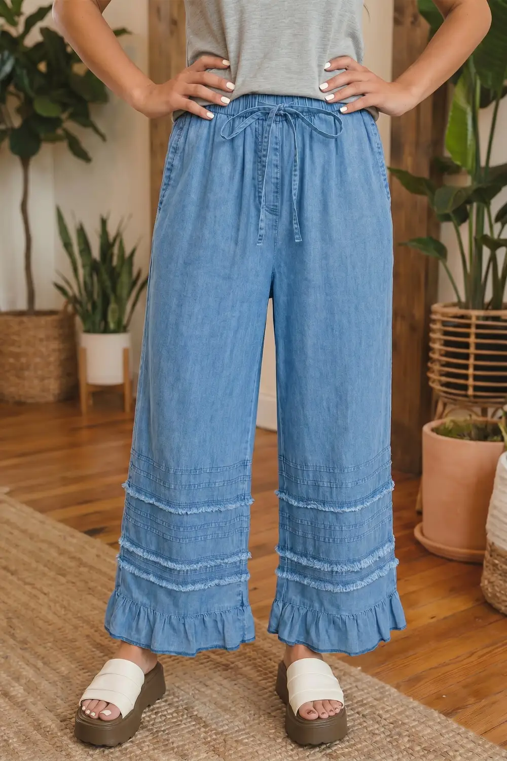 Women's Ruffled Hem Wide Leg Chambray Pants