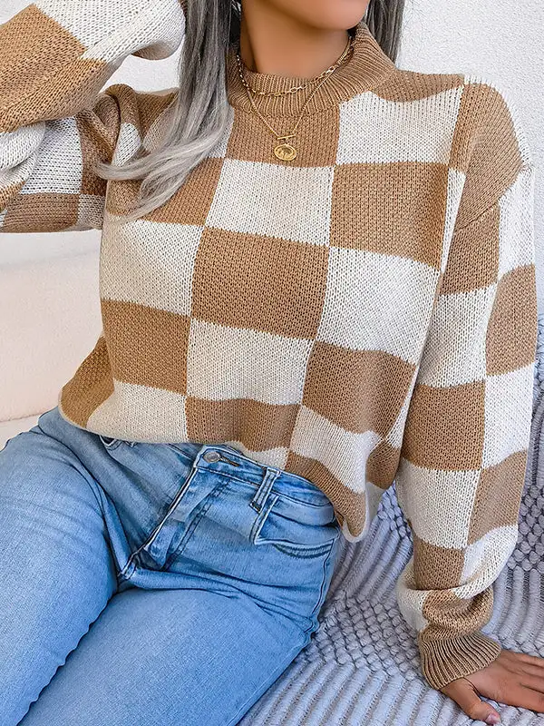 Plaid Round Neck Long Sleeve Relaxed Fit Sweater