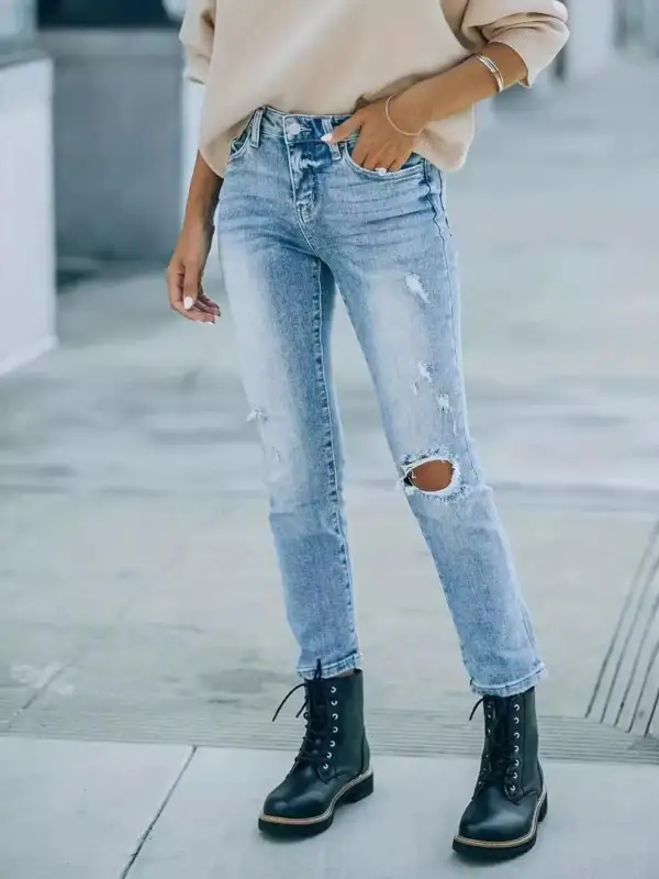 Utility High Waist Distressed Denim Jeans