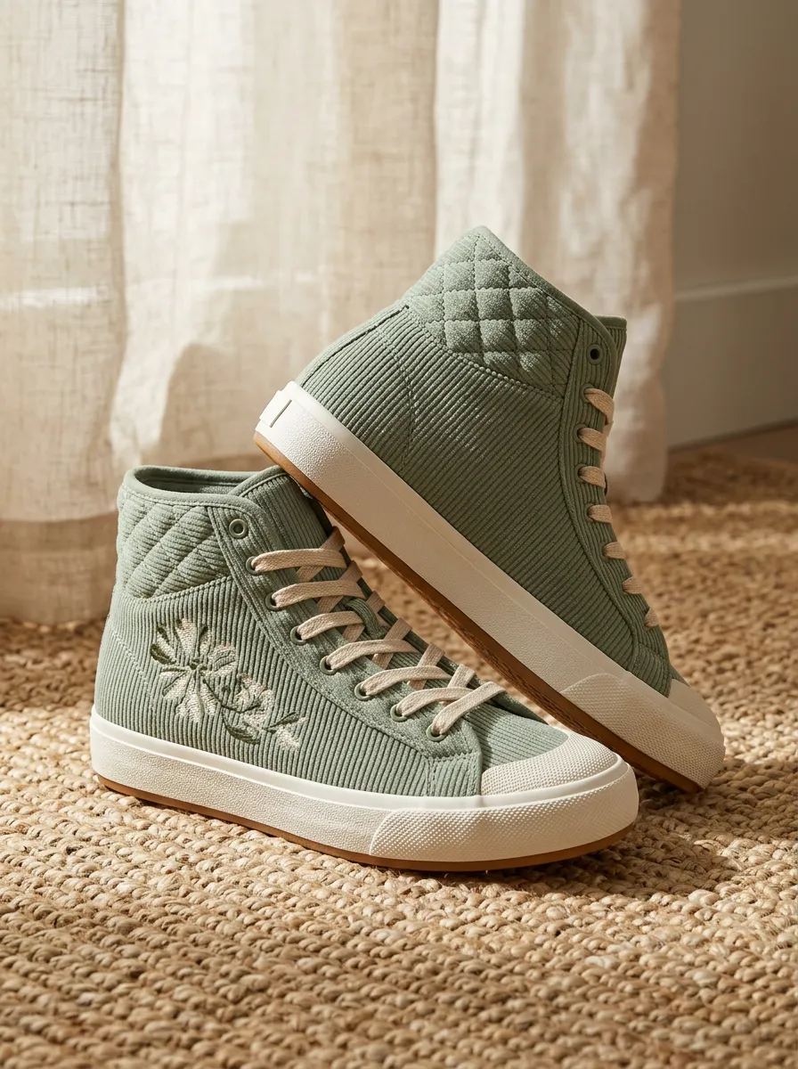 Women's Sage Green Floral Embroidered Corduroy High-Top Sneakers