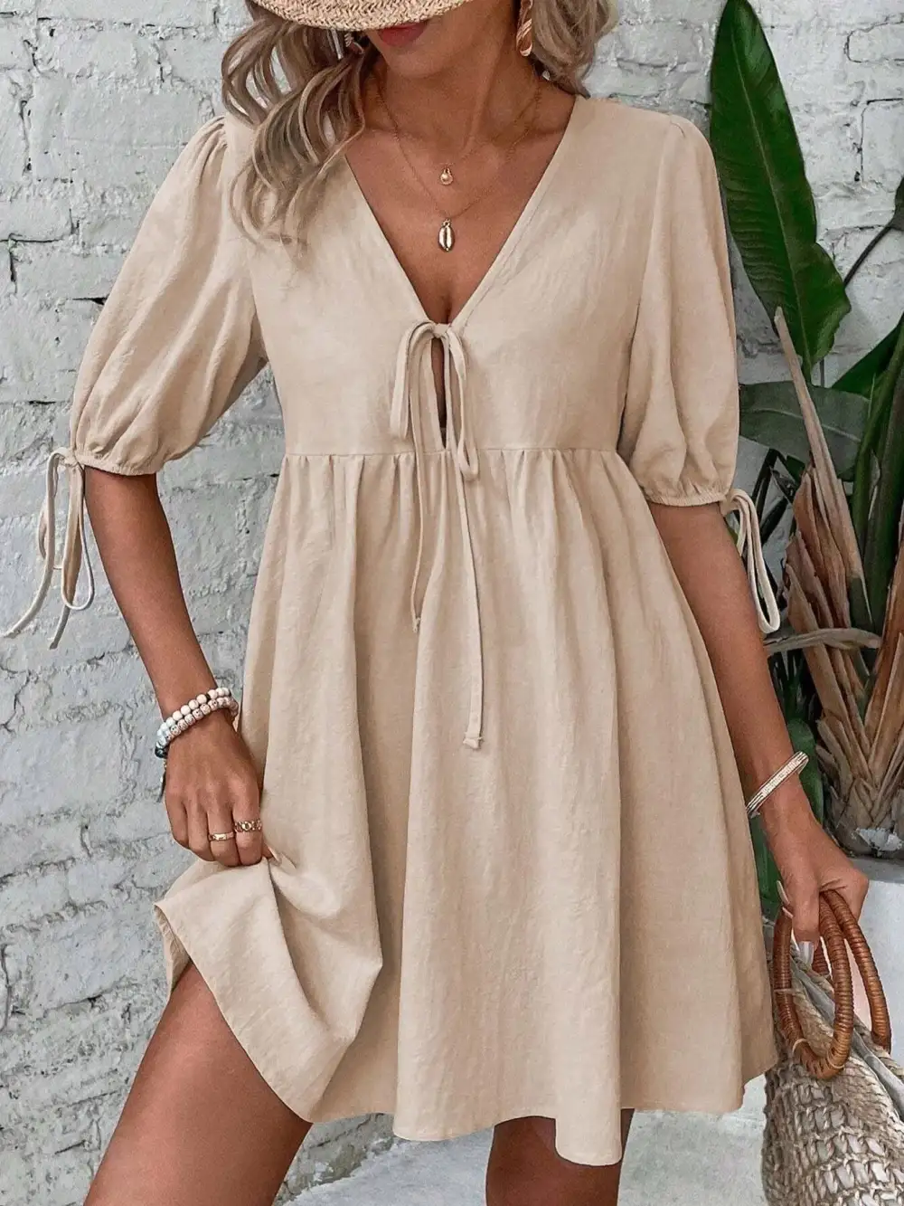 V Neck A Line Mini Dress