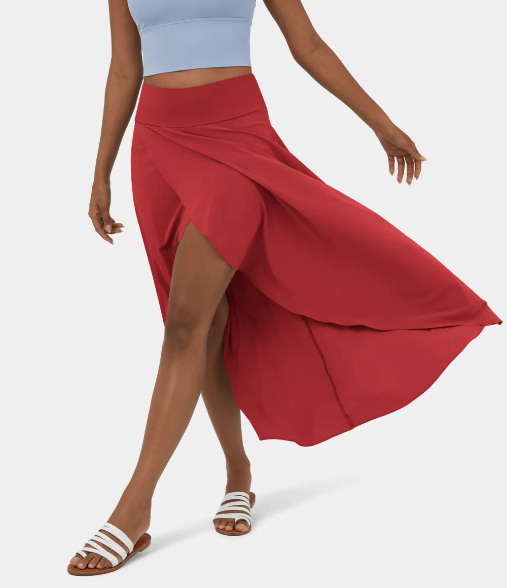 Breezeful High Waisted High Low Ruffle 2-in-1 Flowy Quick Dry Casual Regular Maxi Skirt