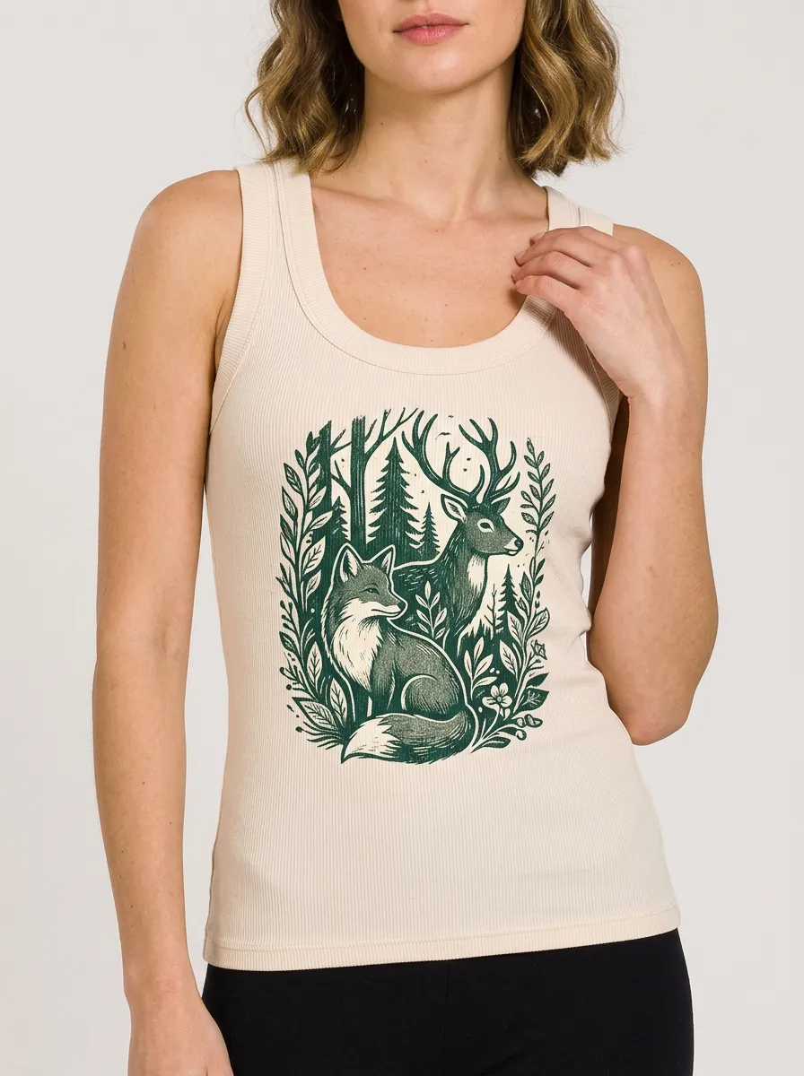 Women's Nature Lover Forest Deer Fox Printed Tank Top