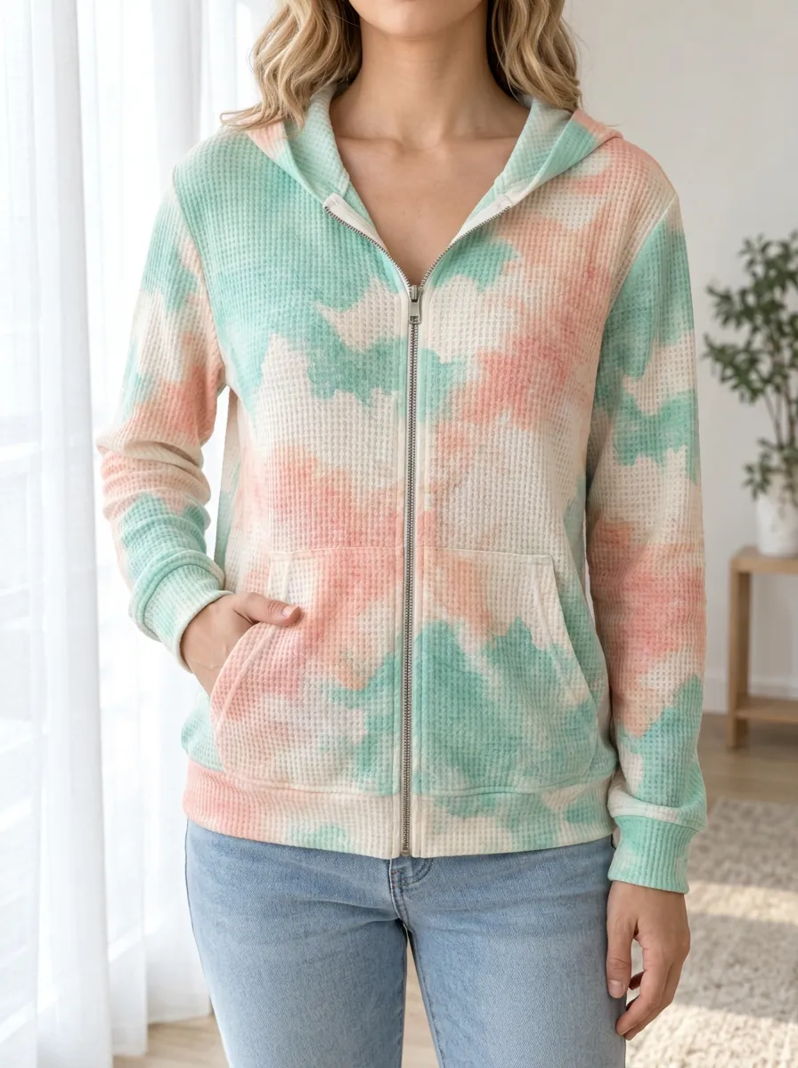 Women's Pastel Tie-Dye Signature Design Waffle Zip-Up Hoodie
