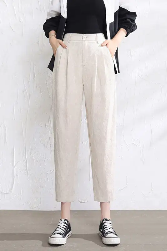Refined Linen Elastic Waist Pleated Trousers