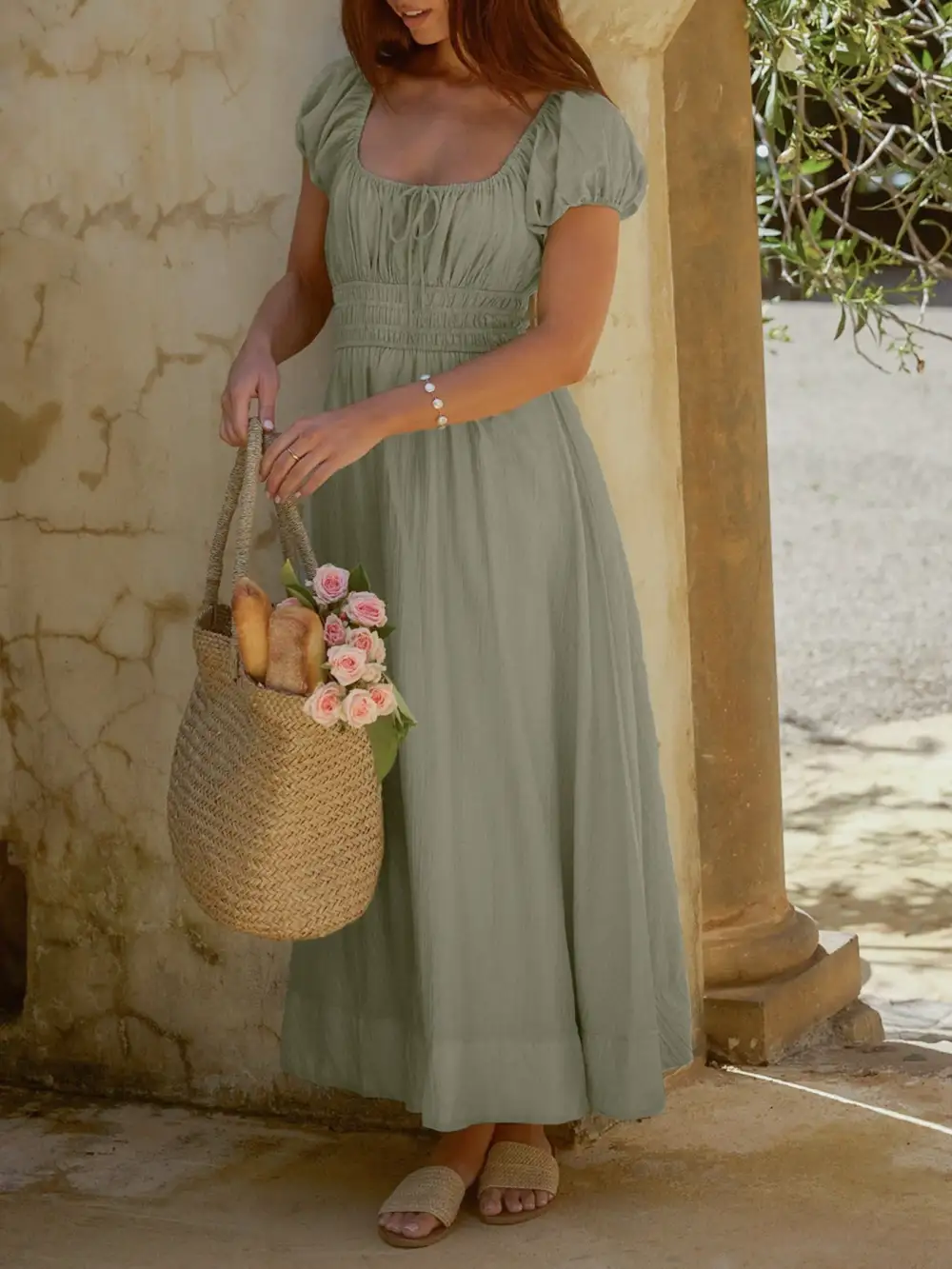 Smocked Puff Sleeve Maxi Dress