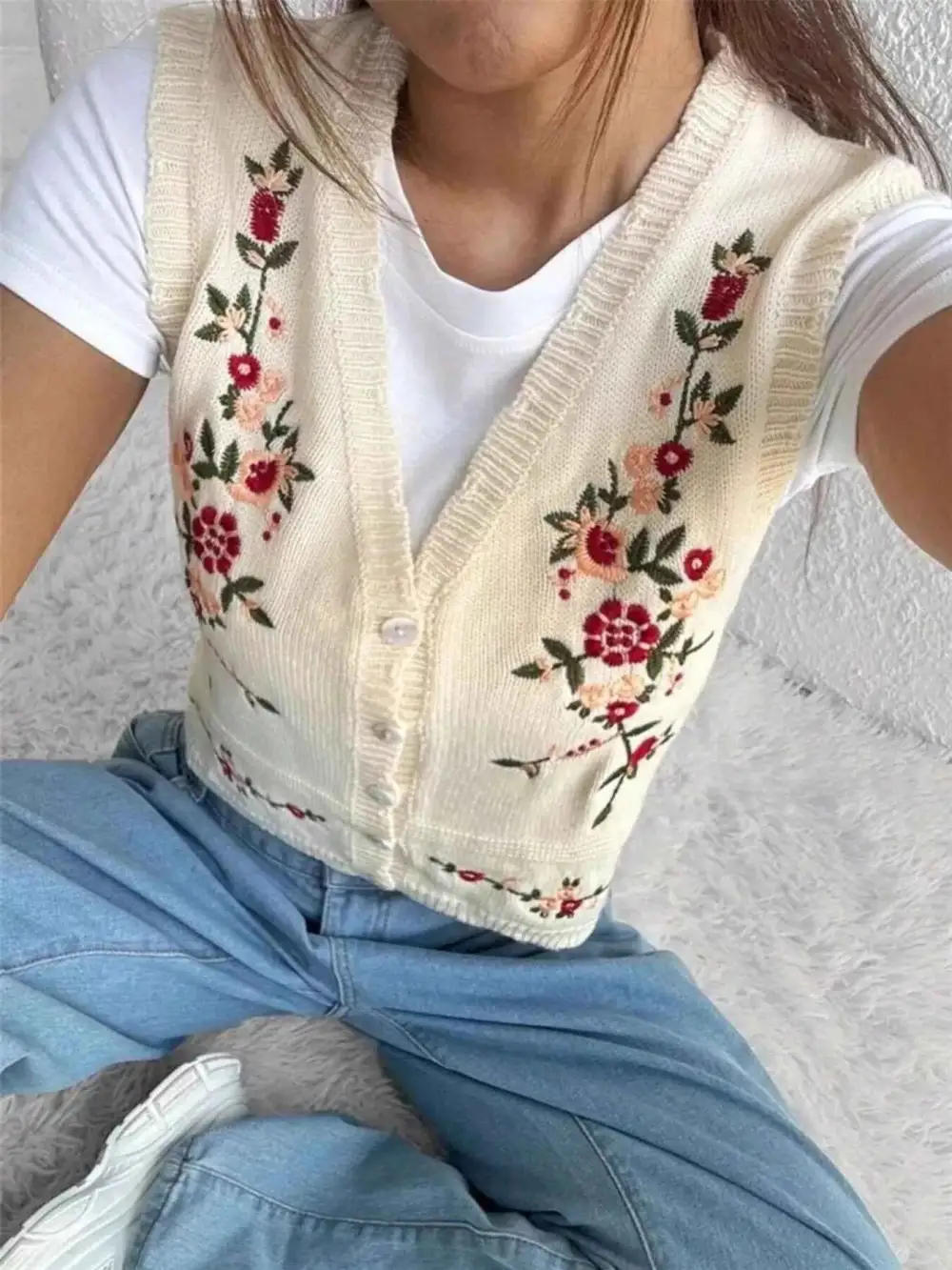 Embroidered Button-Up Sweater Vest