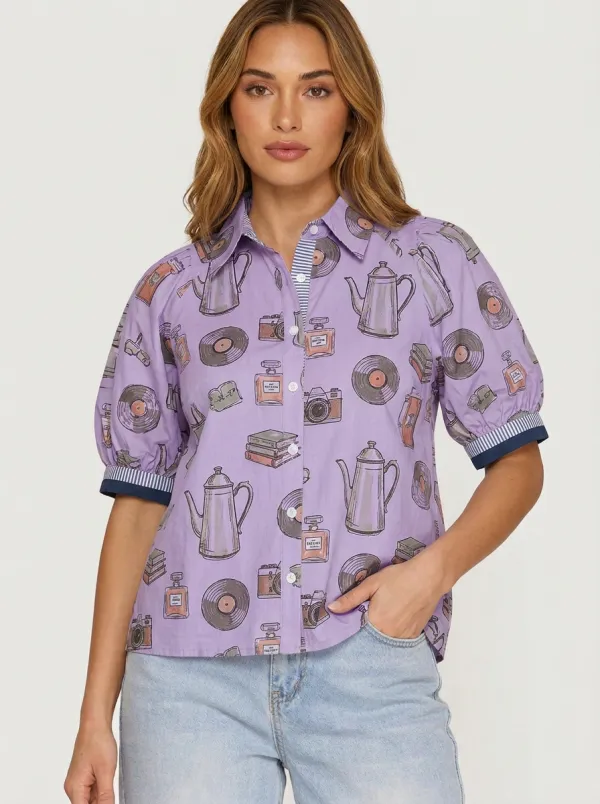 Women's Vintage Hobby Lover Vinyl Camera Perfume Printed Shirt