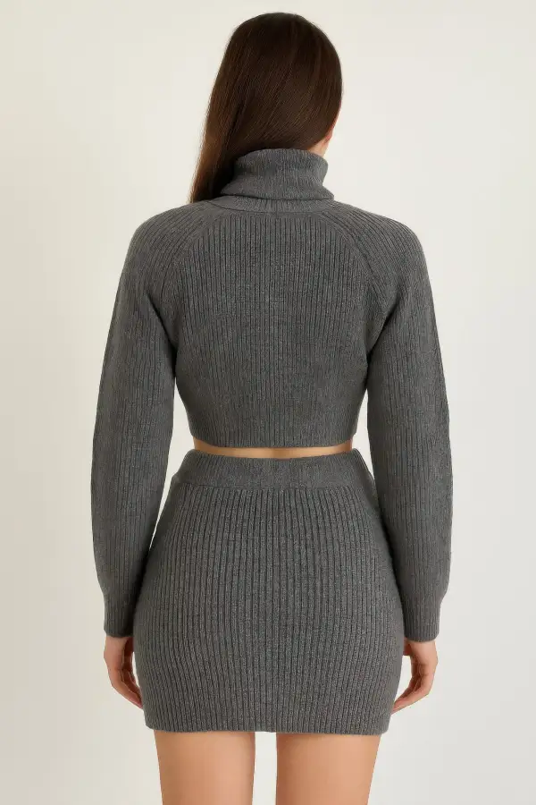 Knit Mock Neck Top And Skirt Matching Set