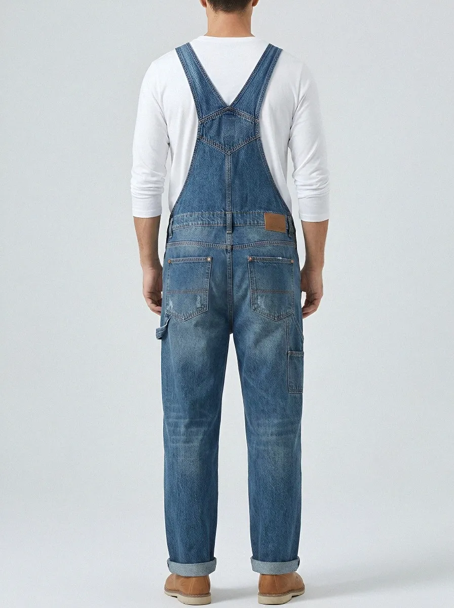 Men's Bib Distressed Vintage-Inspired Denim Bib Overalls