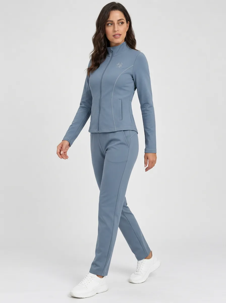 Women's Blue Solid Color Zip-up Slim Fit Tracksuit Set