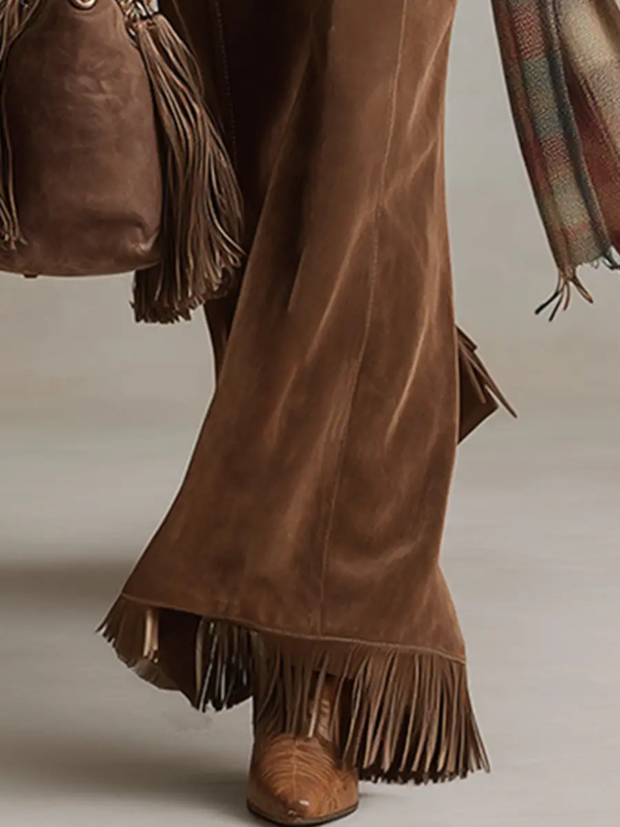 Faux-Suede Flared Tassel Pants