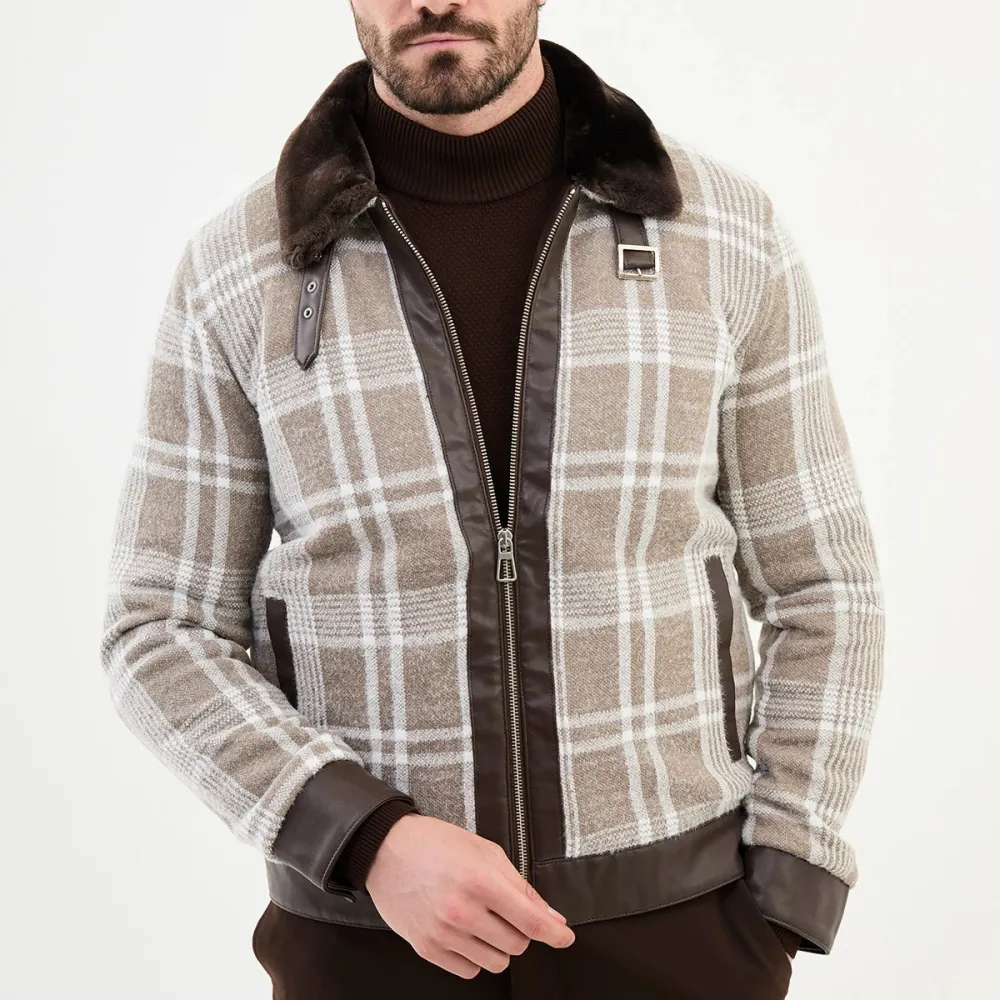 Classic Slim Fit Zip Front Plaid Wool Tailored Coat
