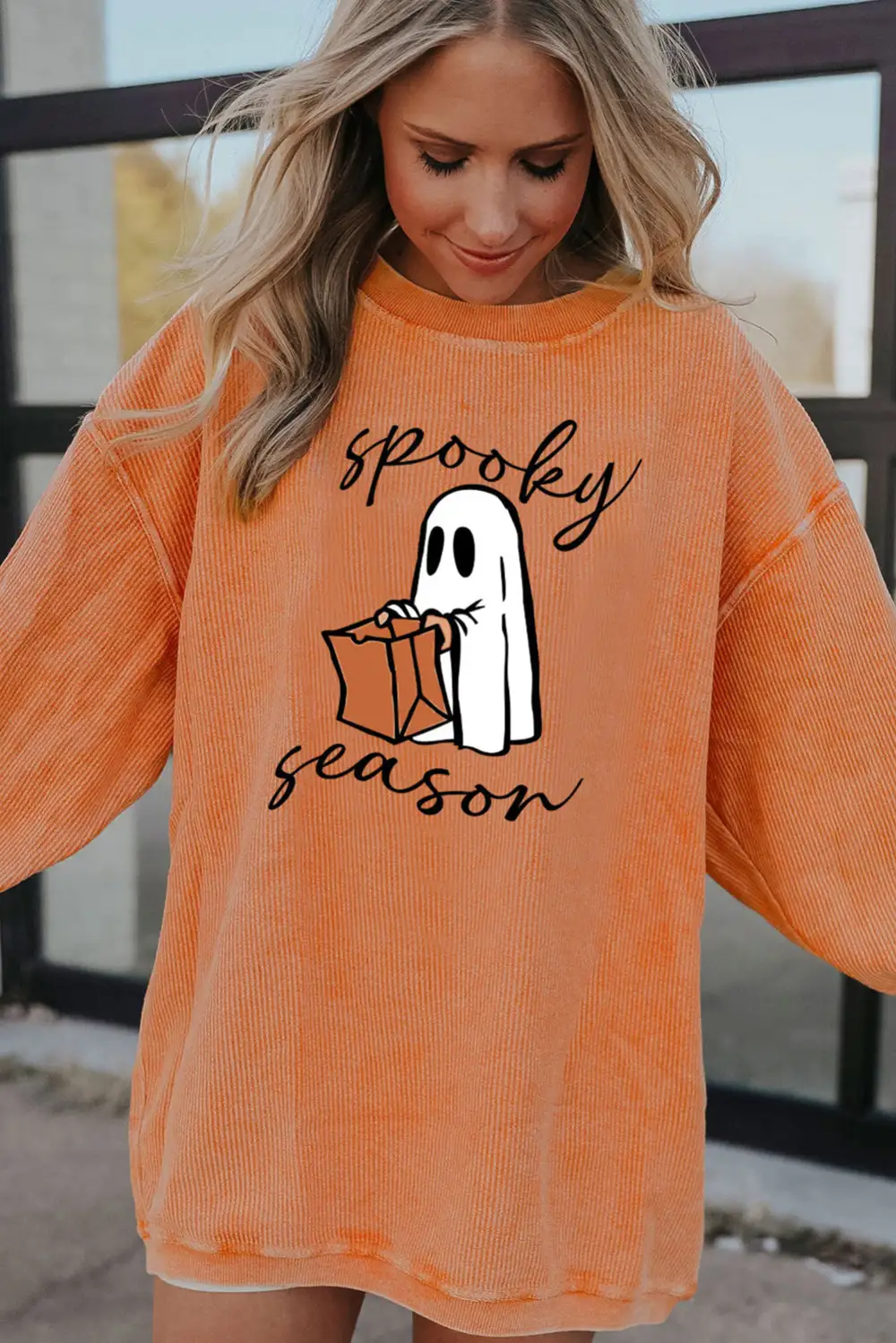Spooky Season Ghost Print Ribbed Sweatshirt