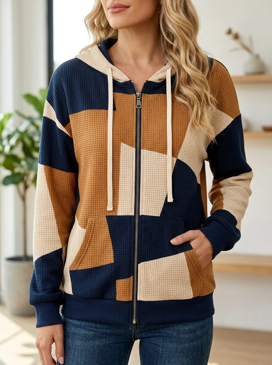 Women's Colorblock Geometric Signature Layout Waffle Zip-Up Hoodie