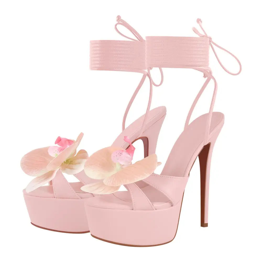 Round Toe Flower Platform Lace Up Stiletto Sandals