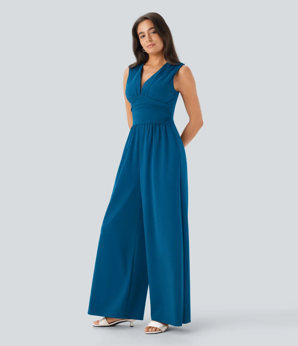 SculptKnit V Neck Sleeveless Ruched Pocket Jumpsuit-Easy Peezy