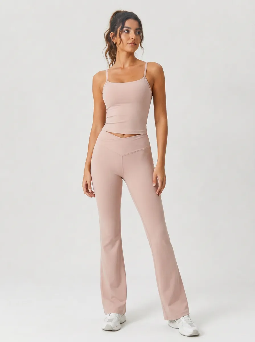 Women's Yoga Fitness Nude Solid Color Crossover Flare Leggings Set