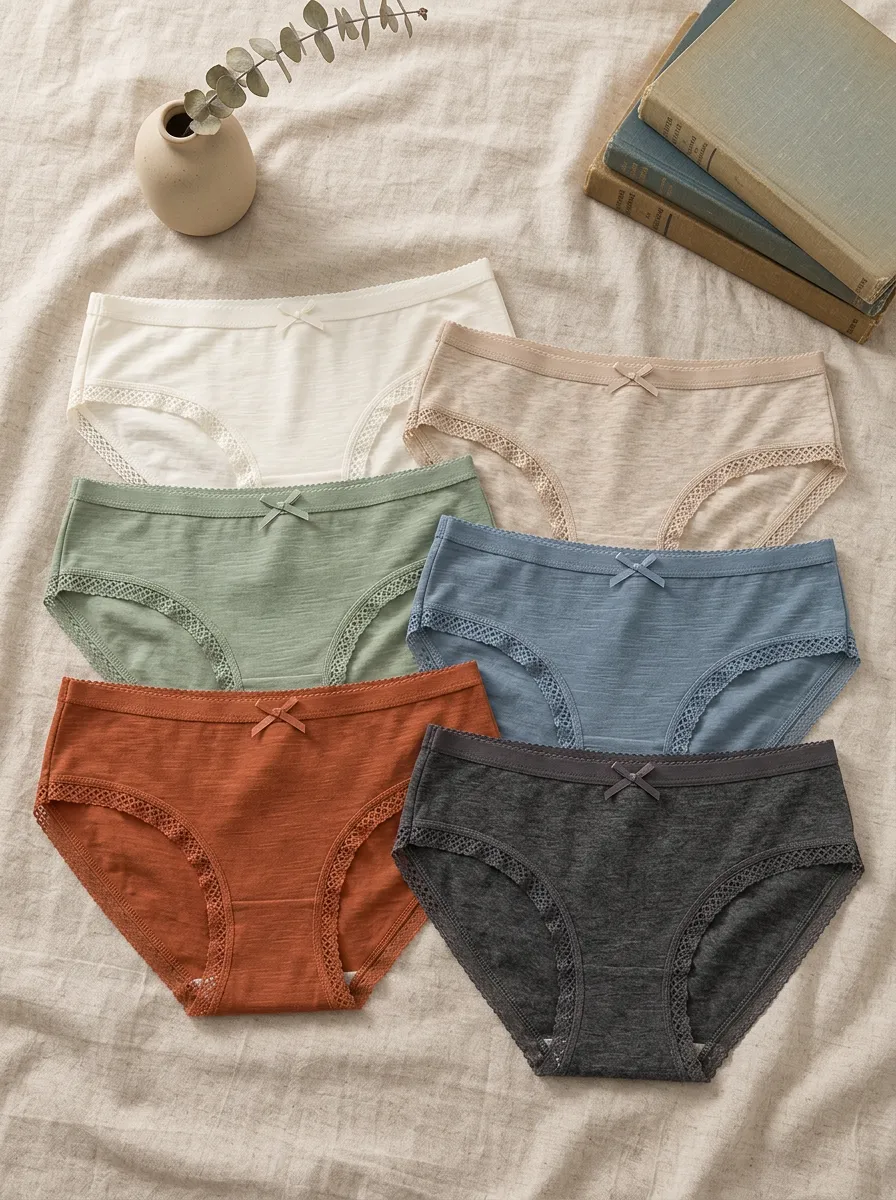 Women's Cotton Bowknot Lace Trim Solid Color Panties Set