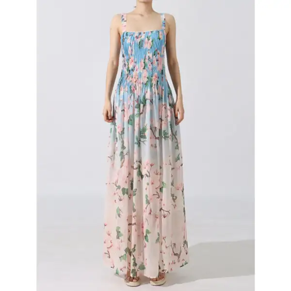 Classic Floral Print Pleated Maxi Dress