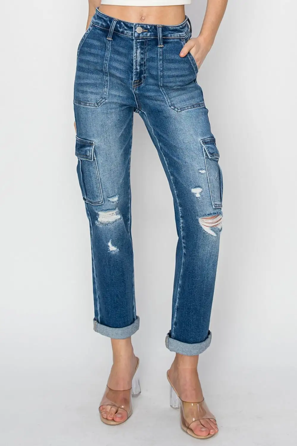 High Rise Cargo Ankle Roll Up Denim Jeans