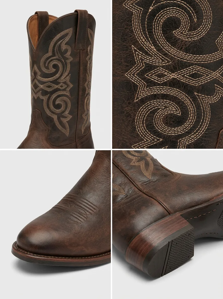 Men's Embroidered Distressed Outdoor Straight-Leg Western Boots