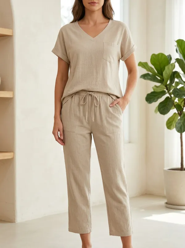 Cuffed-Sleeve Pocket Women's V-Neck Shirt