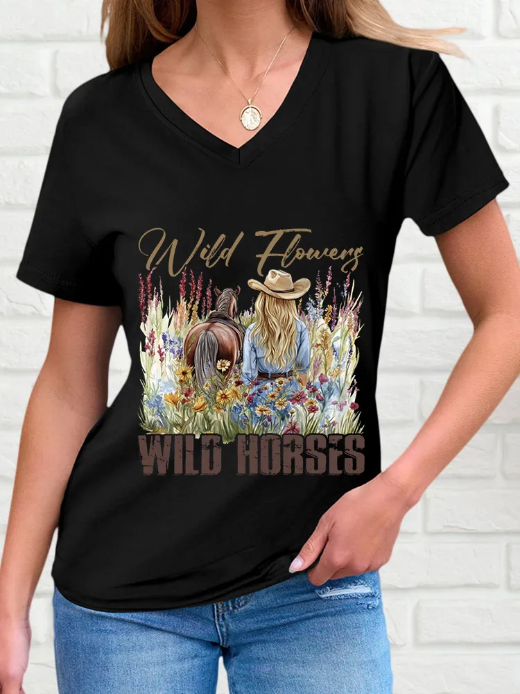 Woman's Wild Flowers Wild Horses V-Neck And Short Sleeves T-Shirt
