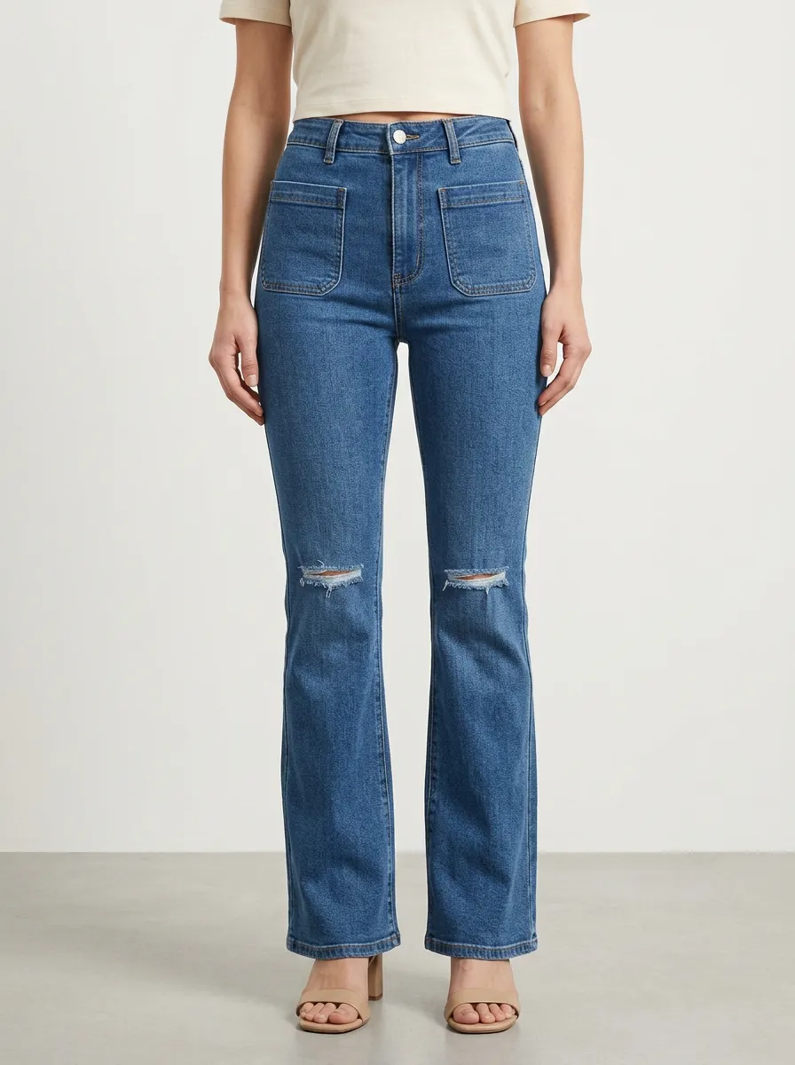 Women's High-Rise Front Patch-Pocket Topstitched Distressed Flare Jeans