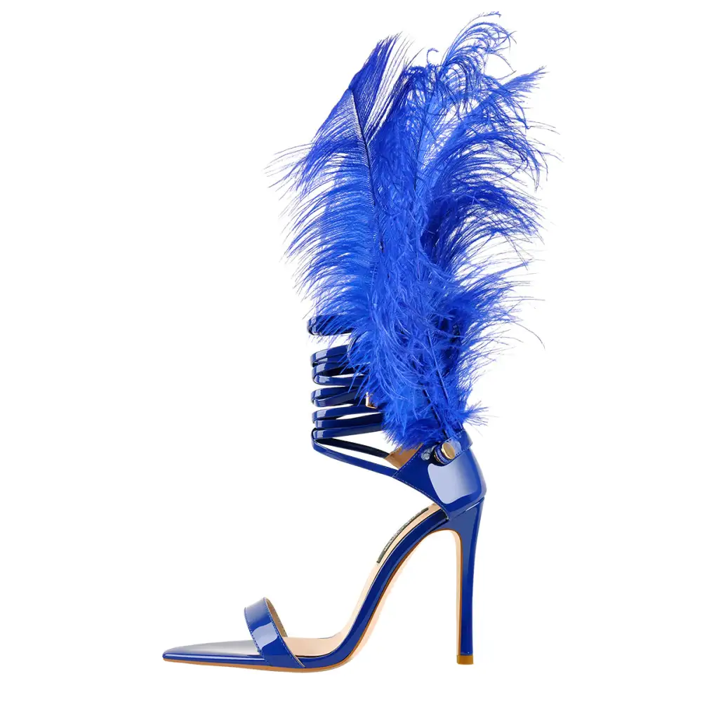 Open Toe Feather Back Lace Up Stiletto Sandals