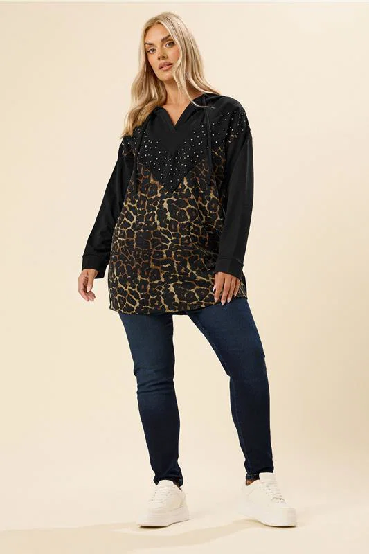 Black Leopard Print Stud Hoodie detail 1