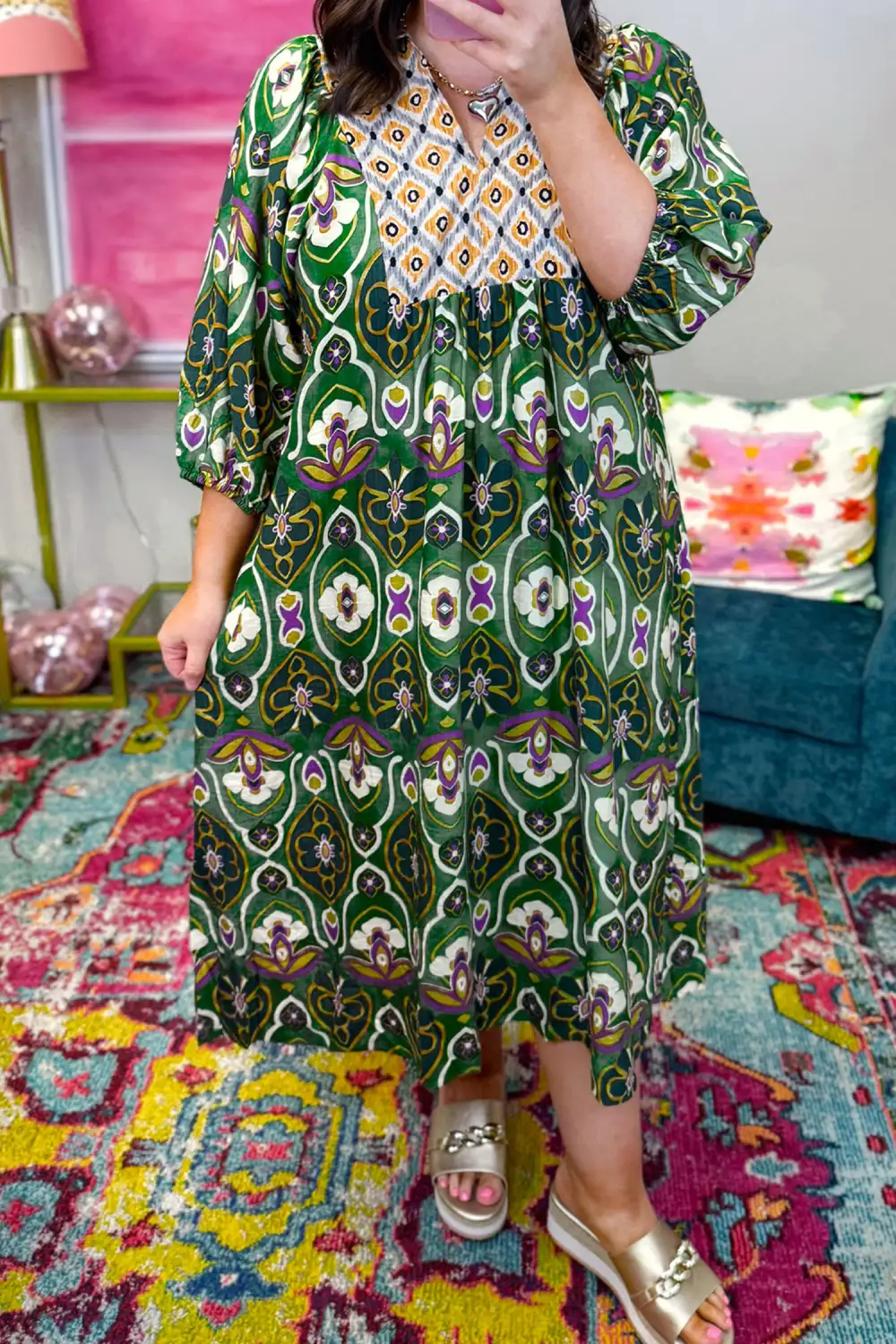 Plus Fit Mixed Floral Patchwork V Neck Bracelet Sleeve Maxi Dress