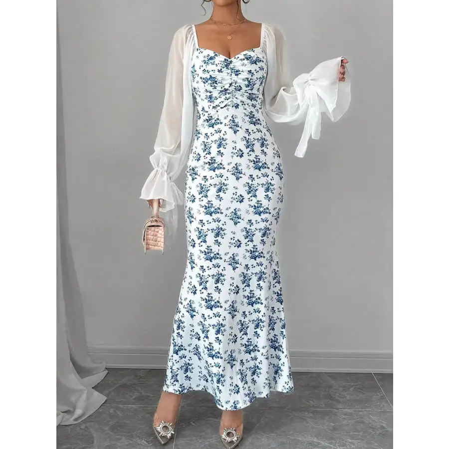 Floral Print Sweetheart Neckline Maxi Dress