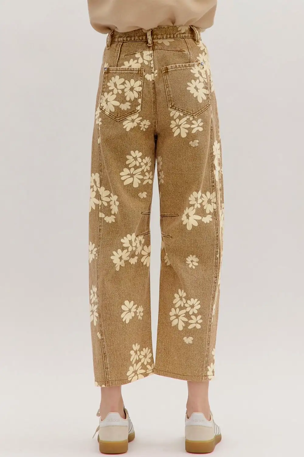 Women's Floral Print Metal Button Pleated Straight Leg Jeans