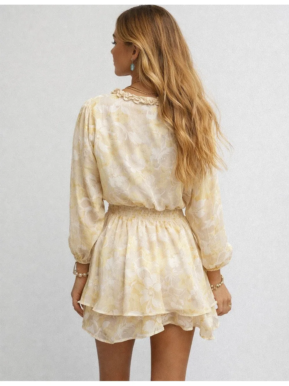 V Neck Tiered Ruffle Smocked Mini Dress