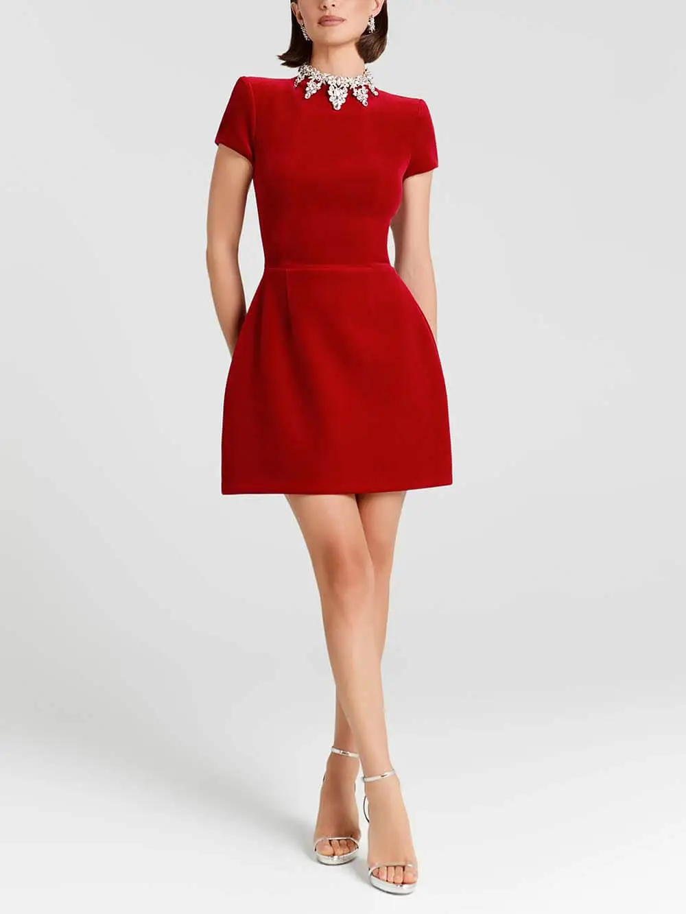 Jewel Encrusted Turtleneck Short Sleeve Mini Dress