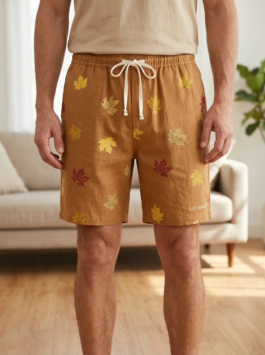 Tan Maple Leaf Print Drawstring Scattered Shorts