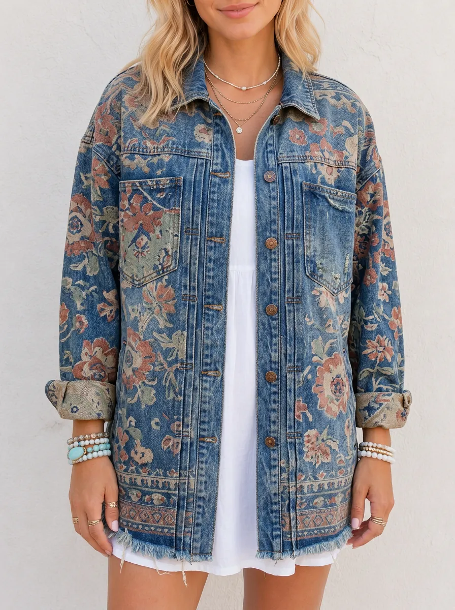 Women's Vintage Floral Pattern Printed Denim Jacket