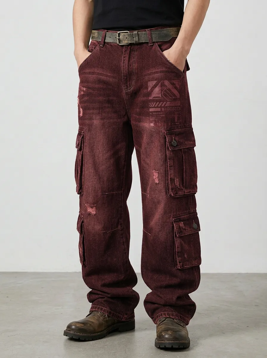 Men's Streetwear Graphic Distressed Printed Cargo Jeans