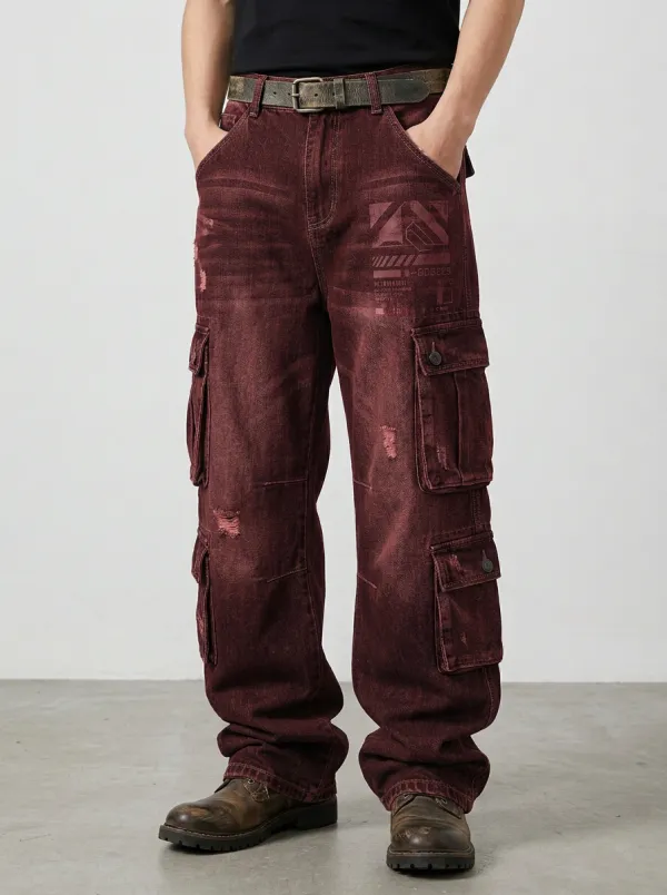 Men's Streetwear Graphic Distressed Printed Cargo Jeans