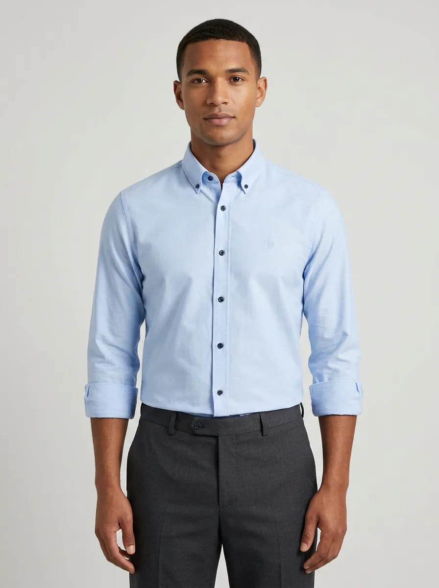Men's Non-Iron Cotton Light Blue Embroidered Logo Button Down Shirt