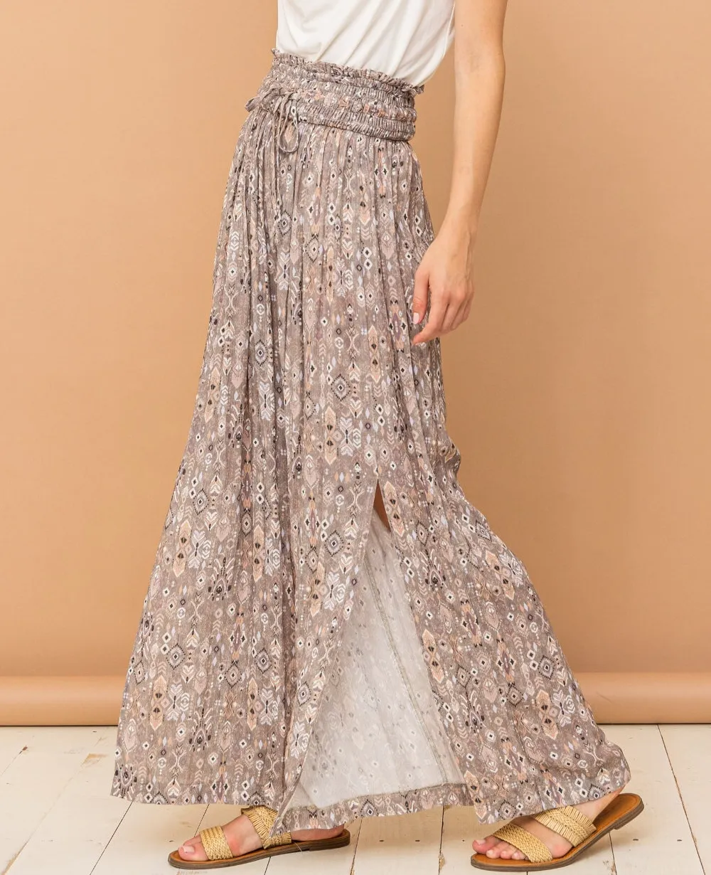 Printed Smocked Waist Slit Wide Leg Pants