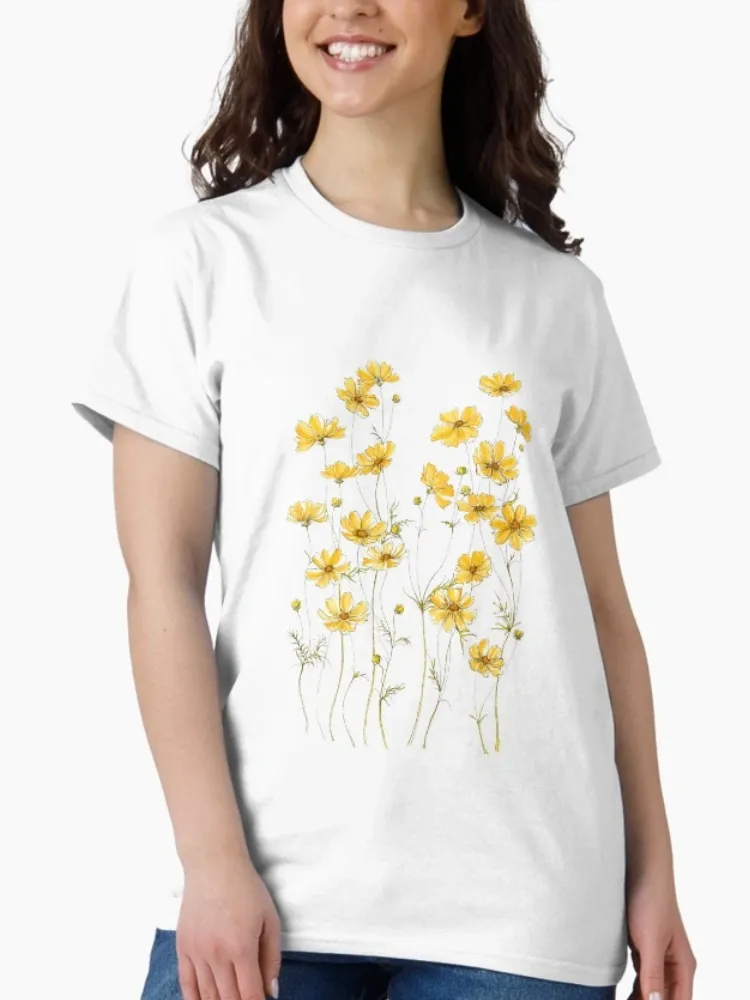 Lady's yellow floral pattern printed round-neck short-sleeved T-shirt
